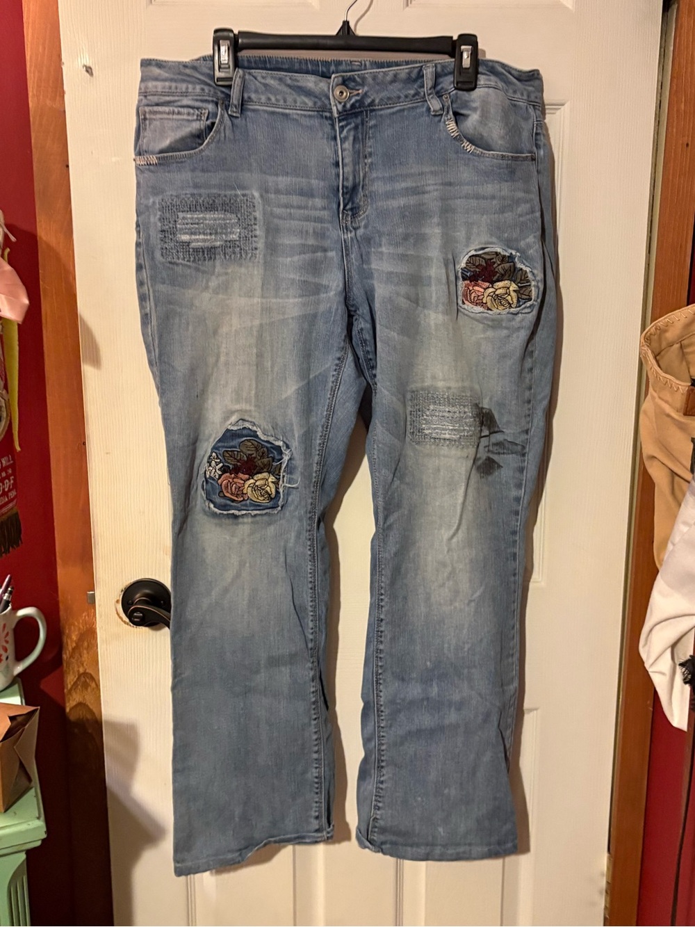 Faded Glory Light Blue Straight-Leg Jeans with Floral Patches